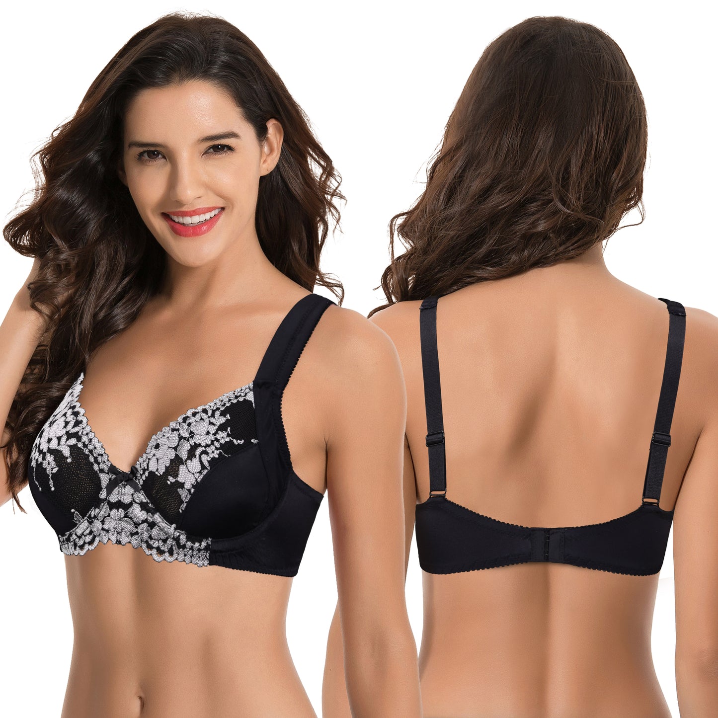 Women's Plus Size Unlined Underwire Lace Bra with Cushion Straps-Blue,Black