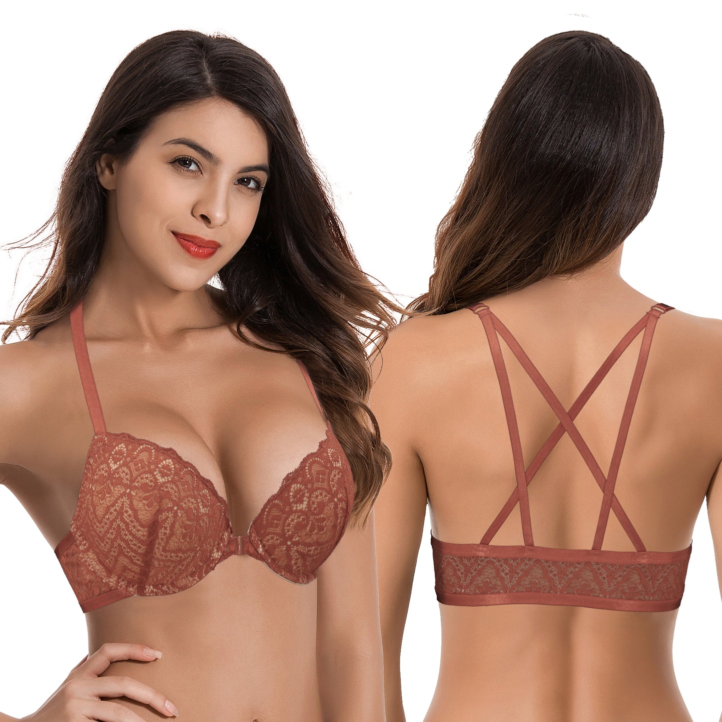 Women's Push Up Add 1 and a half Cup Underwire Halter Front Close Bras -2PK-LIGHT GREY,RUST