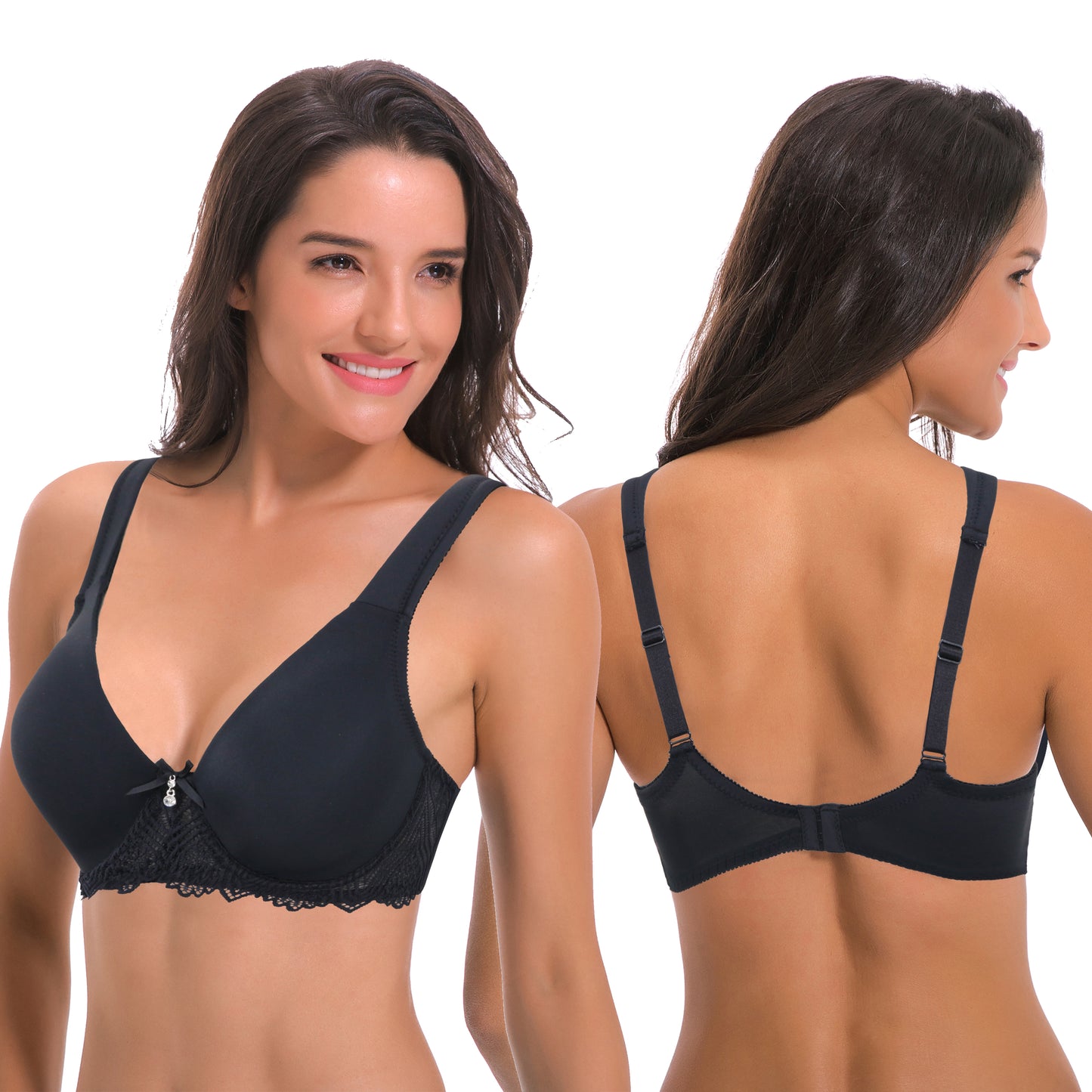Women's Plus Size Unlined Underwire Lace Bra with Cushion Straps-2PK-BLACK,MAUVE