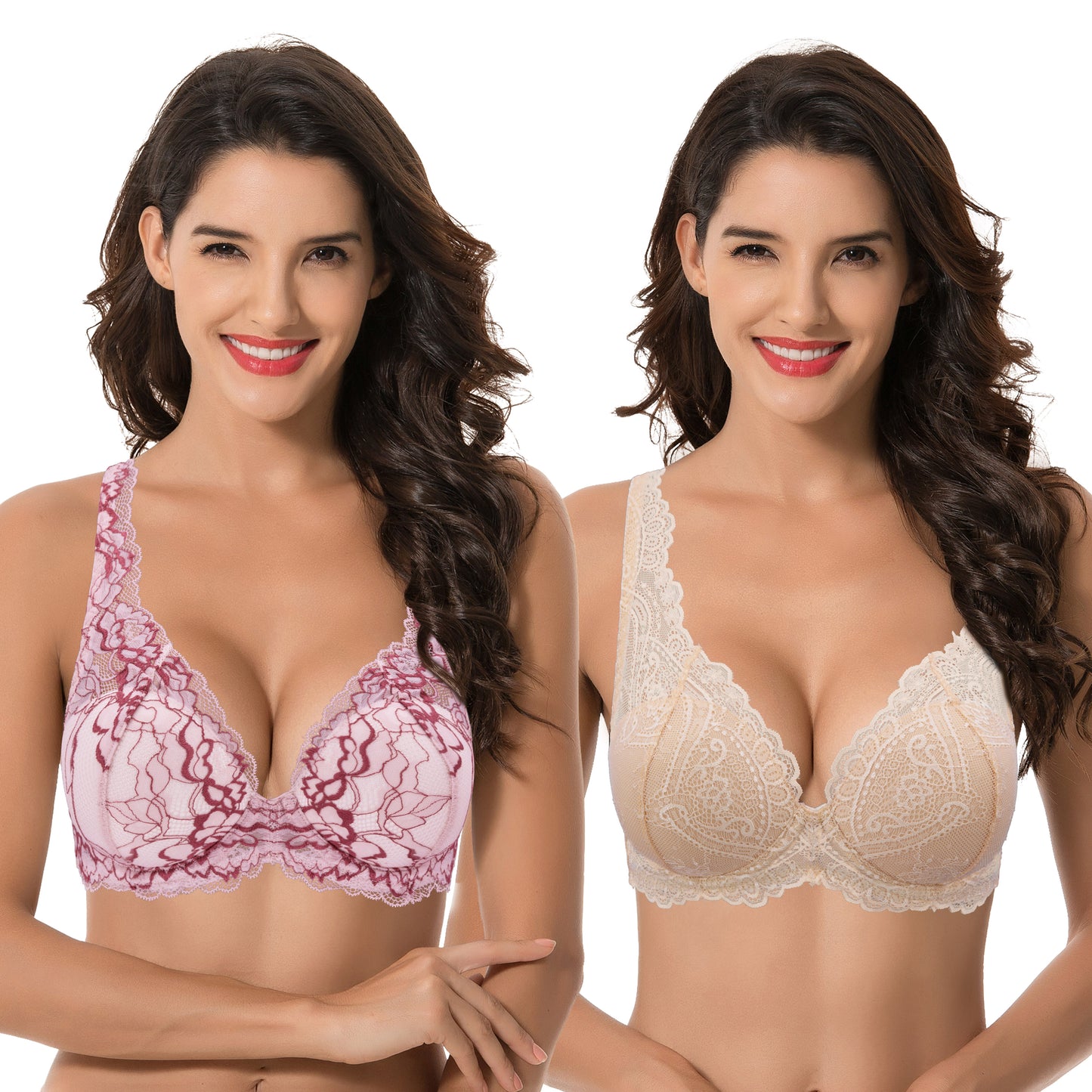 Women’s Plus Size Underwire Add 1+ Cup Push Up Mesh Lace Bra-2PK-Pink,Sand