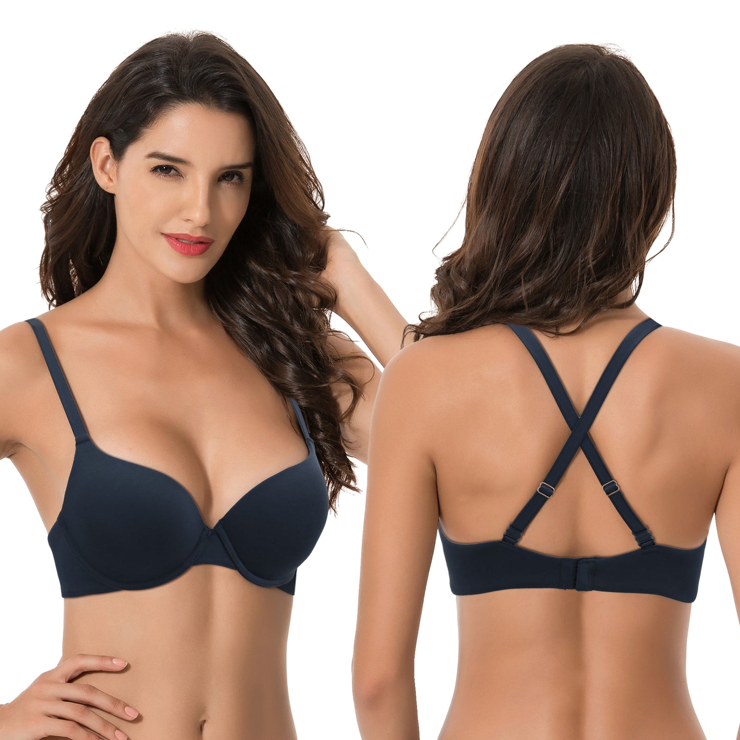 Women's Light Lift Add 1 Cup Push Up Underwire Convertible Tshirt Bra-2PK