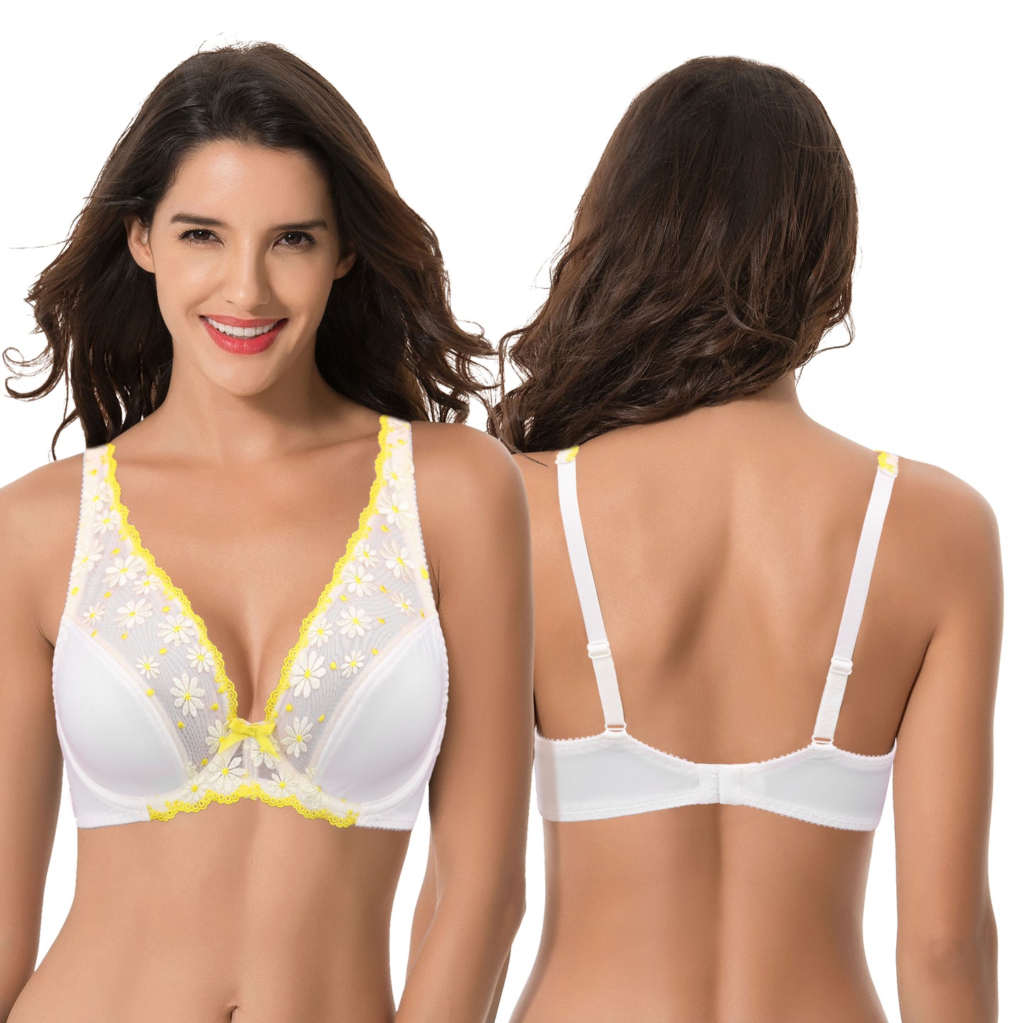 Women Plus Size Minimizer Underwire Unlined Bra with Embroidery Mesh-2pack-Black,Cream