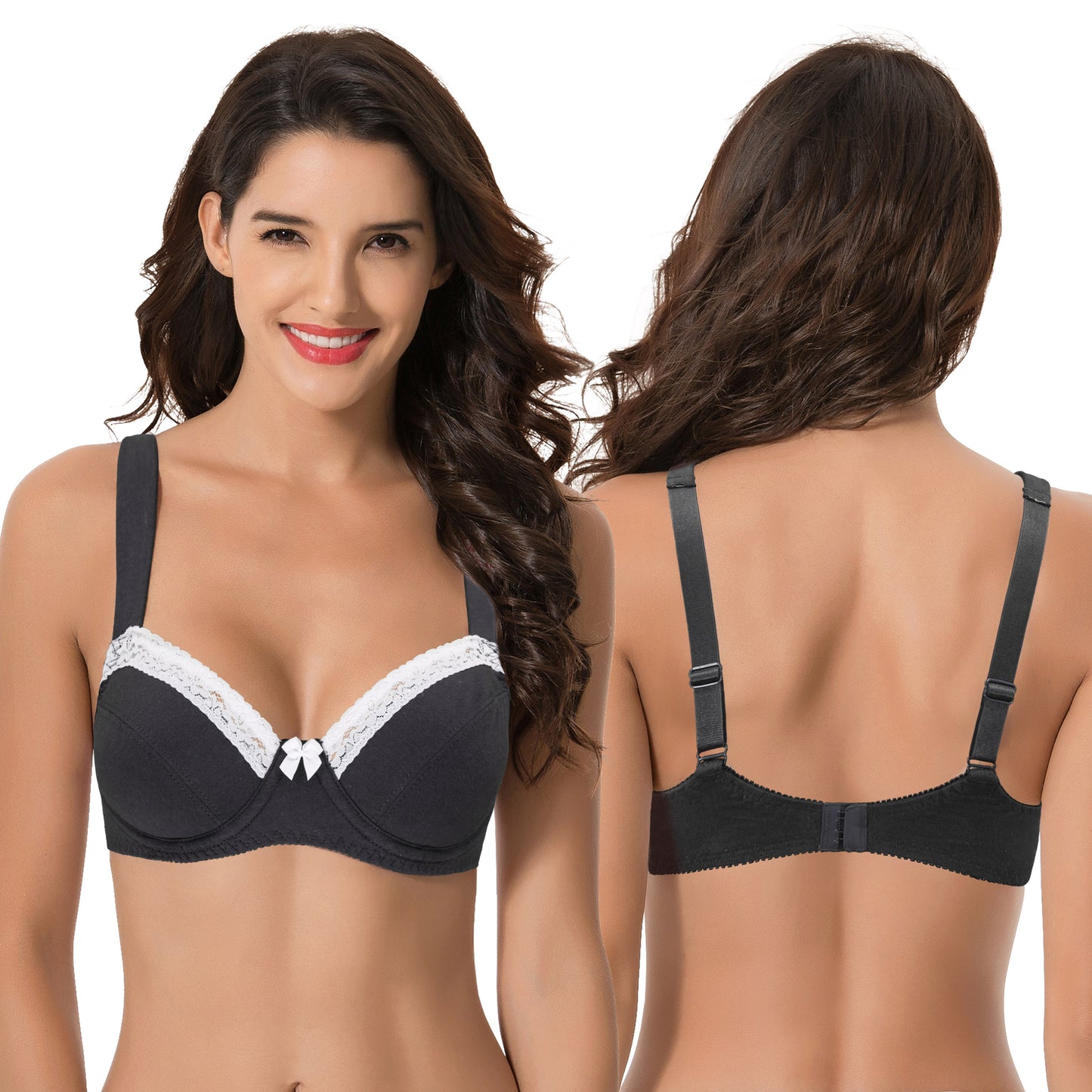Women's Plus Size Underwired Unlined Balconette Cotton Bra-3Pack-White Print,Dark Gray,Cream