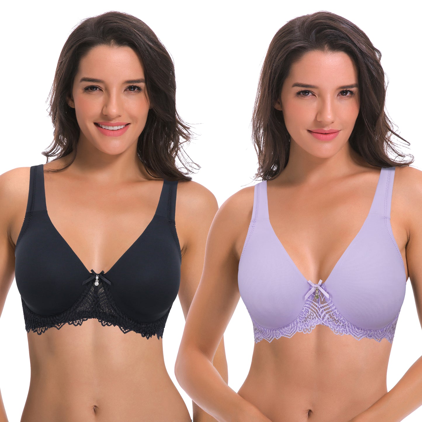 Women's Plus Size Unlined Underwire Lace Bra with Cushion Straps-2PK-BLACK,MAUVE