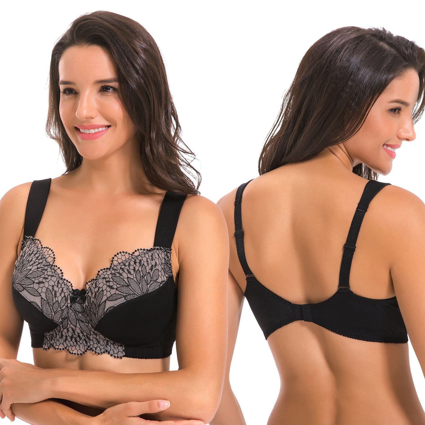 Plus Size Unlined Minimizer Wirefree Bras with Embroidery Lace-3Pack-Grey,Pink,Black