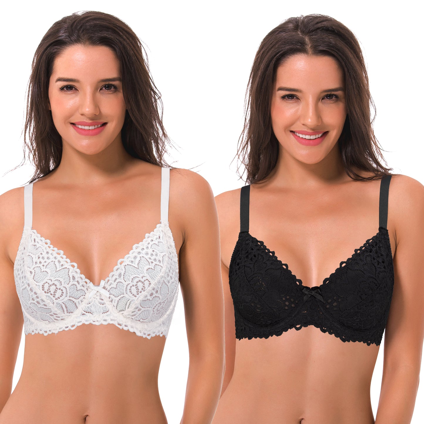 Semi-Sheer Balconette Underwire Lace Bra and Scalloped Hems (2 Pack)-Black,Cream