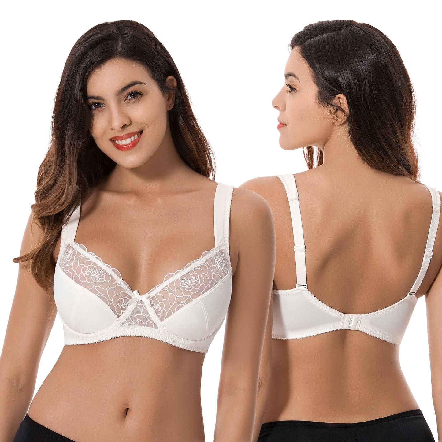 Womens Plus Size Minimizer Underwire Bra With Lace Embroidery-2 Pack
