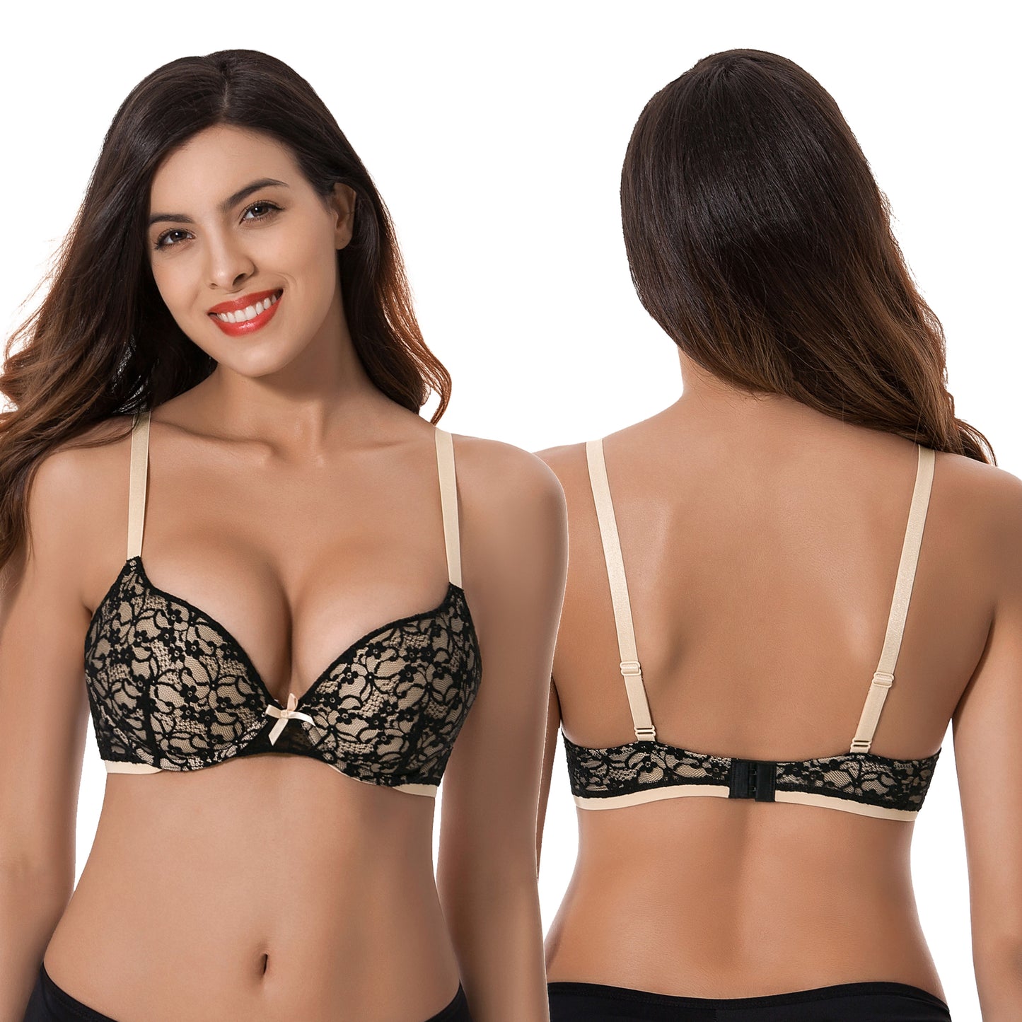 Women's Plus Size Perfect Shape Add 1 Cup Push Up Underwire Lace Bras-2Pk