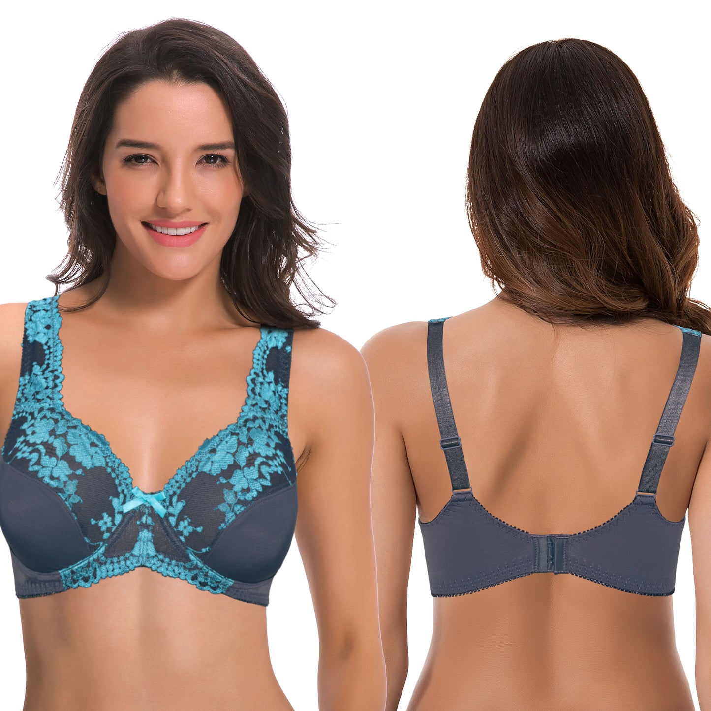 Women's Minimizer Unlined Underwire Bra With Lace Embroidery-2 pack-GRAY,NUDE