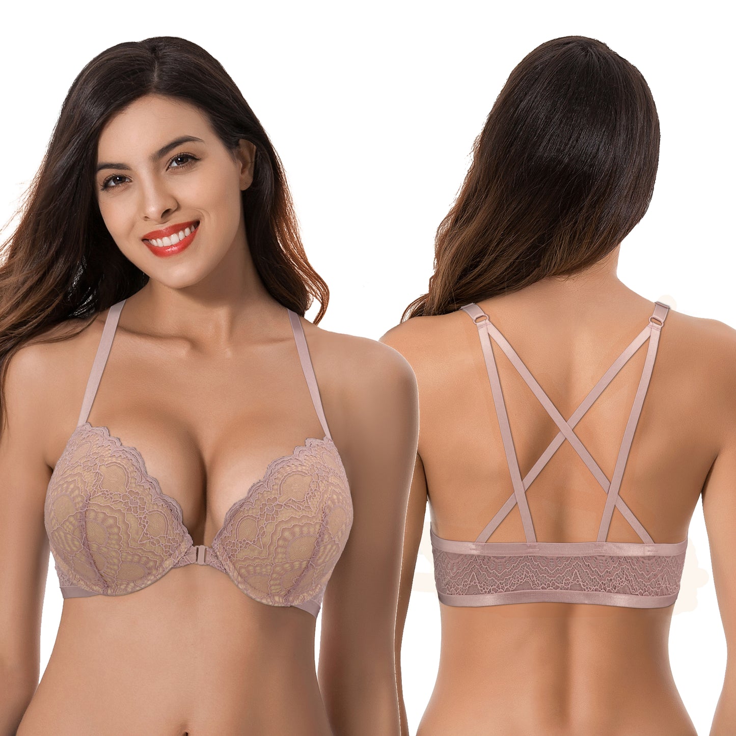 Women's Push Up Add 1 and a half Cup Underwire Halter Front Close Bras -2PK