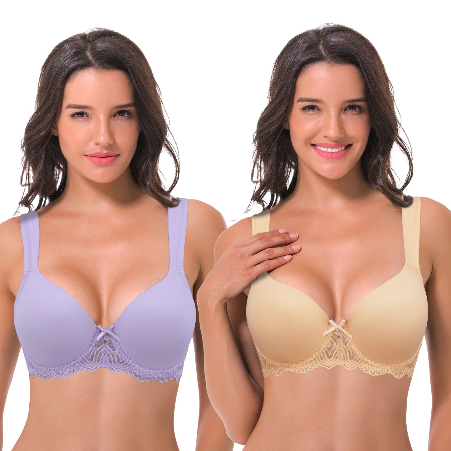 Women's Lightly Padded Underwire Lace Bra with Padded Shoulder Straps-2PK-LIGHT PURPLE,NUDE