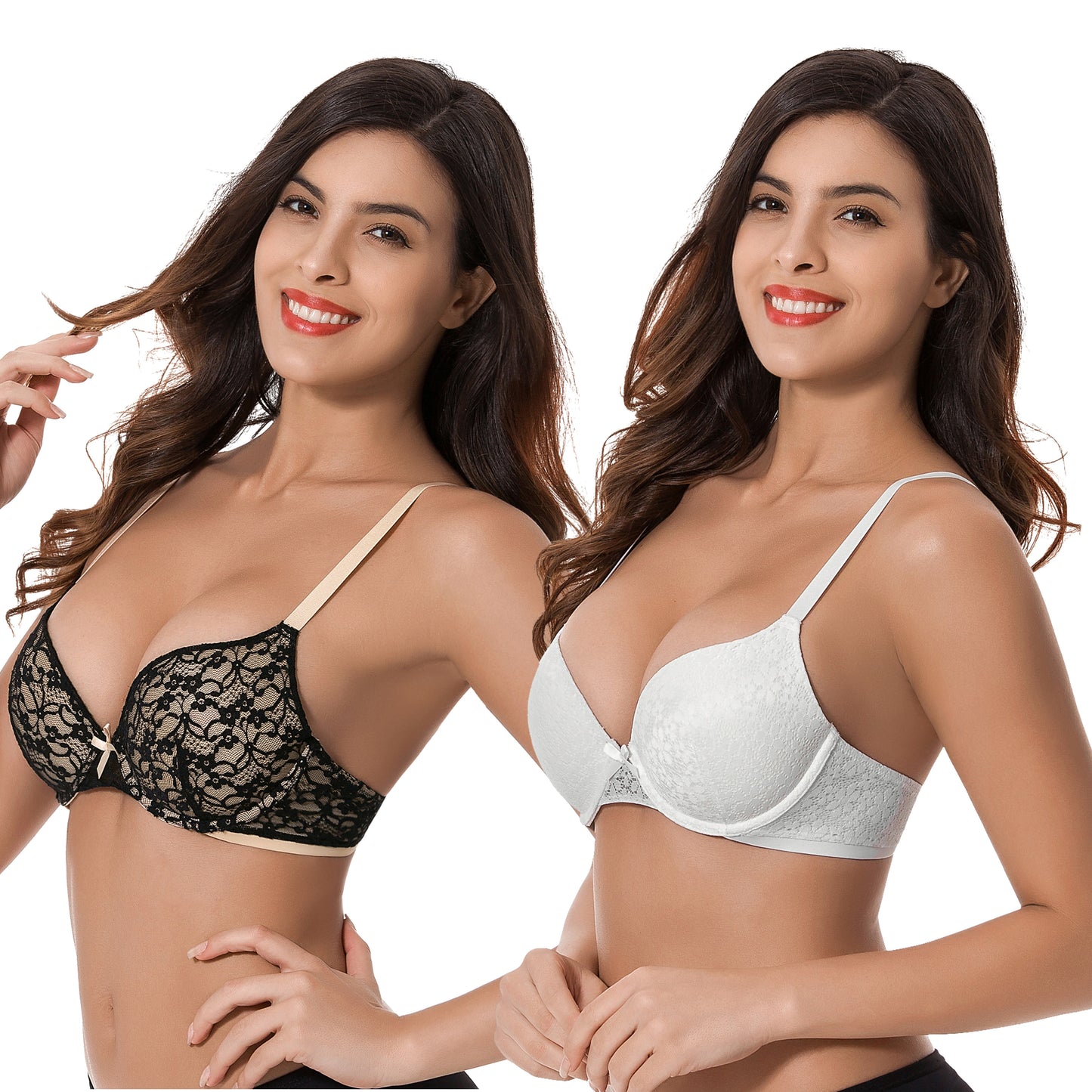 Women's Plus Size Perfect Shape Add 1 Cup Push Up Underwire Lace Bras-2Pk