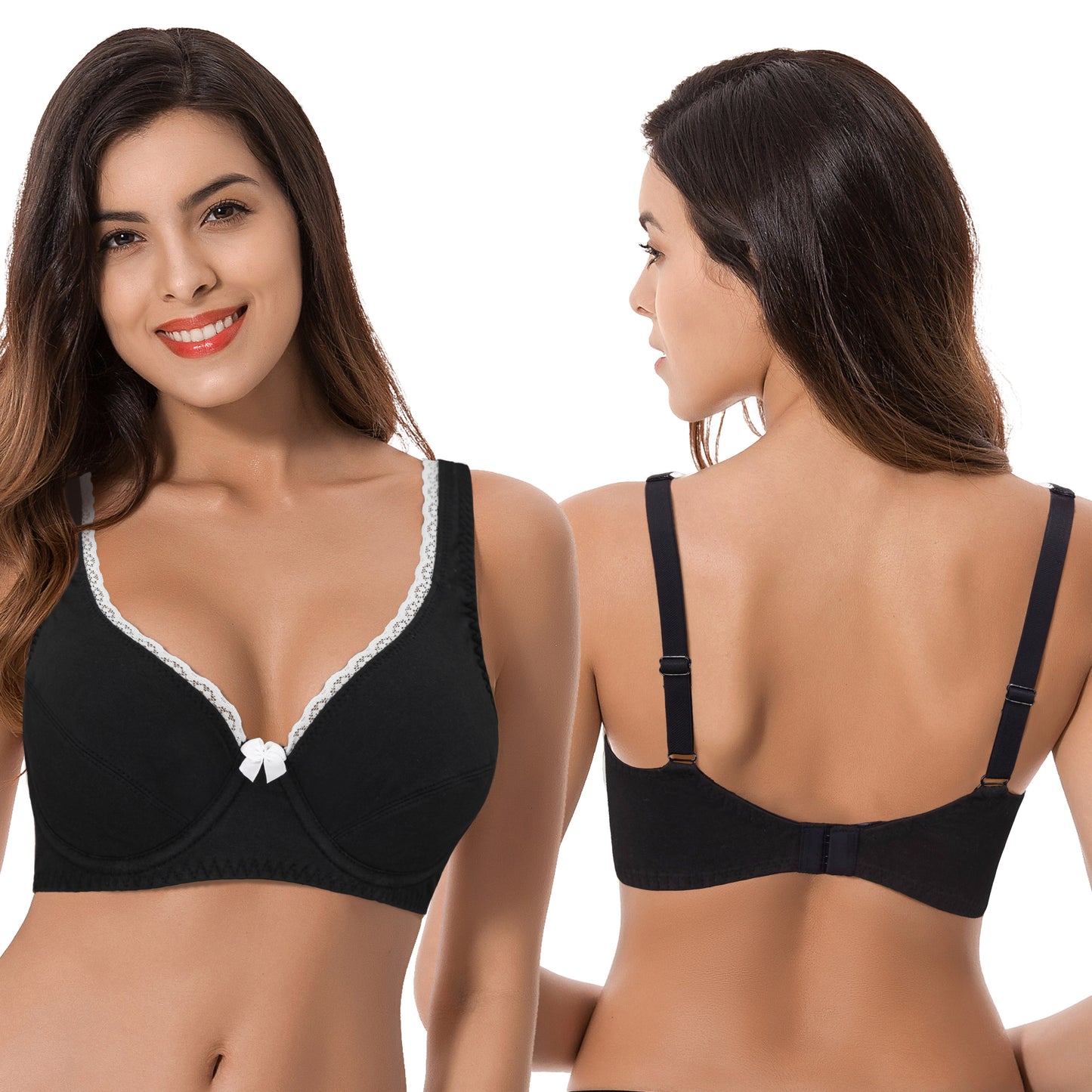 Women's Unlined Plus Size Comfort Cotton Underwire Bra-Black/Cream,Black
