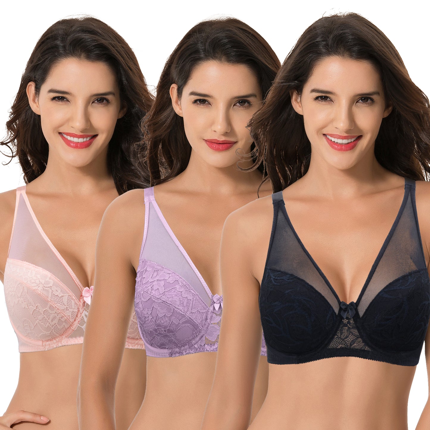 Women's Plus Size Minimizer Unlined Underwire Bra With Floral Lace-3PK