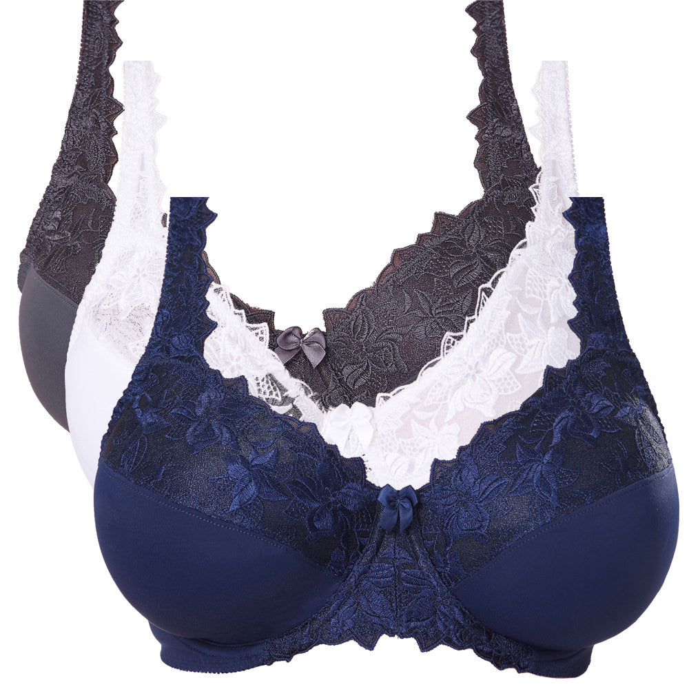Plus Size Minimizer Underwire Unlined Bra with Embroidery Lace-3Pack