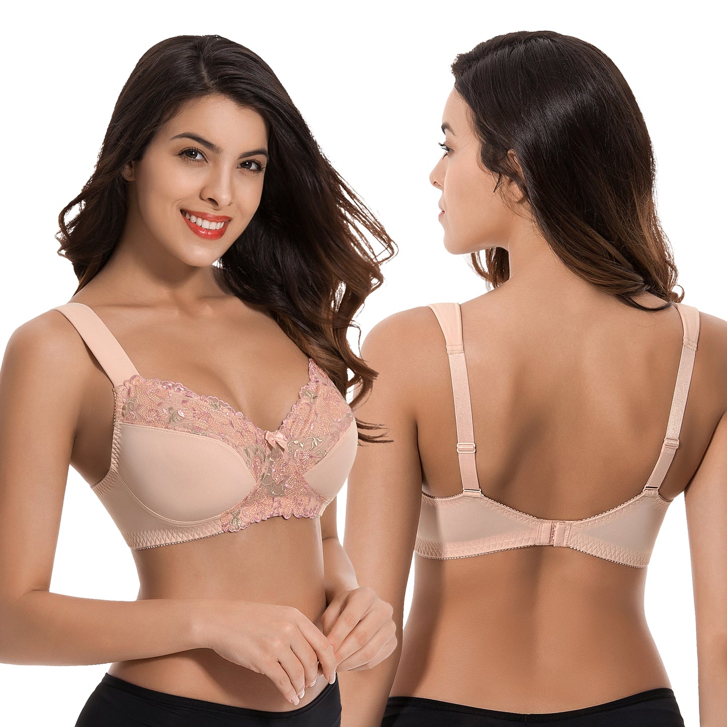 Plus Size Minimizer Unlined Wireless Bra with Lace Embroidery-3Pack-SAGE,NUDE,BLUSH
