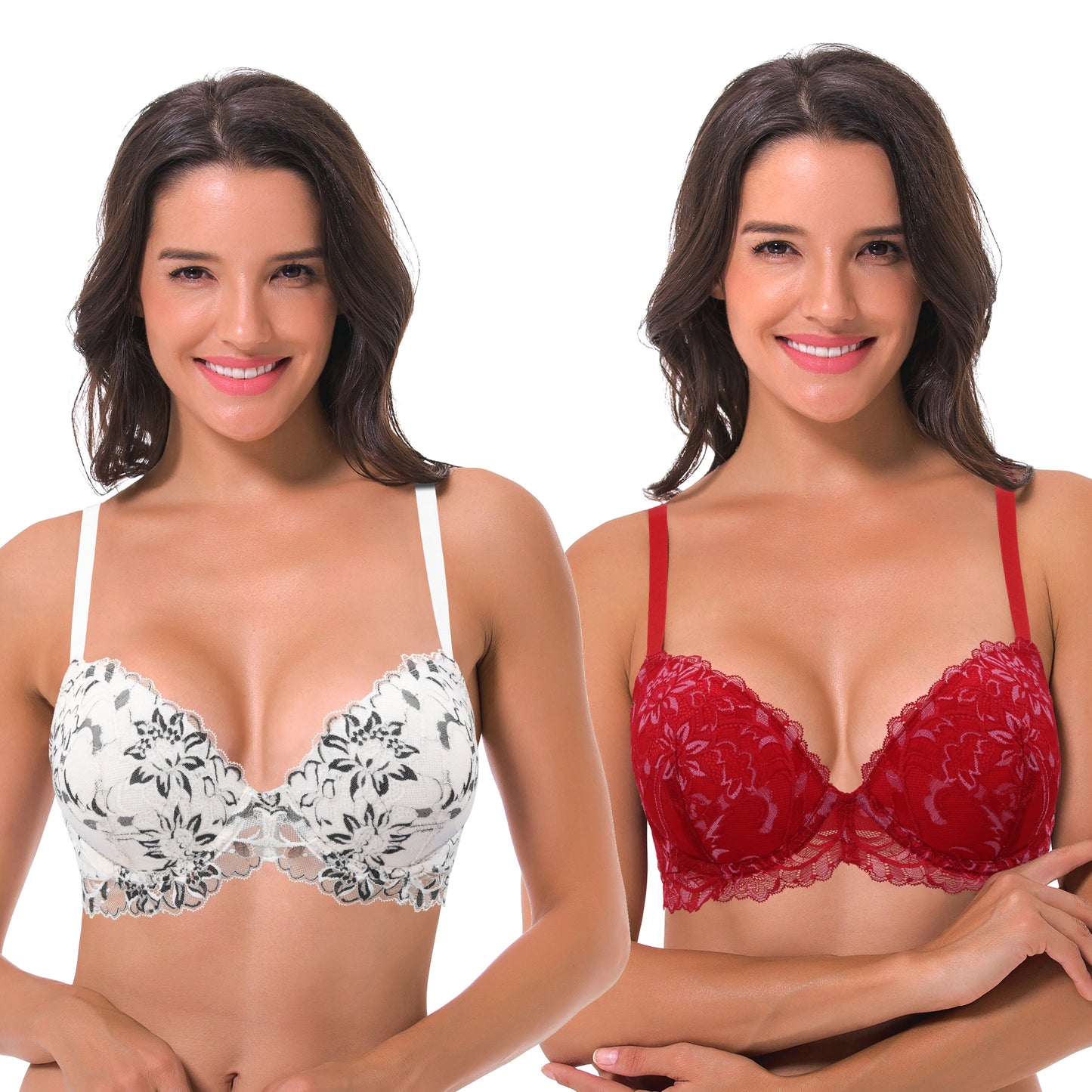 Women's Underwire Plus Size Push Up Add 1 and a Half Cup Lace Bras