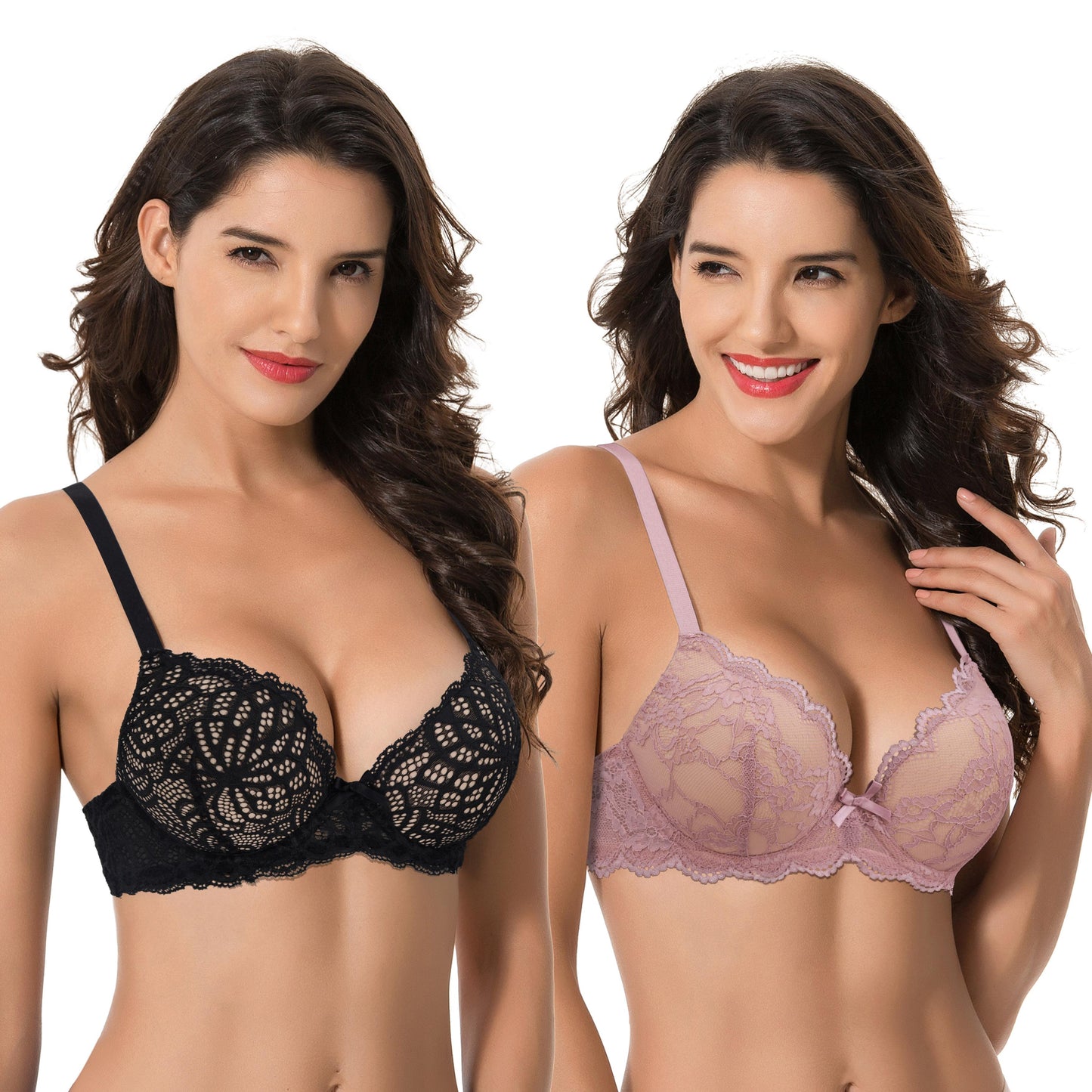 Women's Plus Size Push Up Add 1 Cup Underwire Perfect Shape Lace Bras-2Pk-Black,Mauve