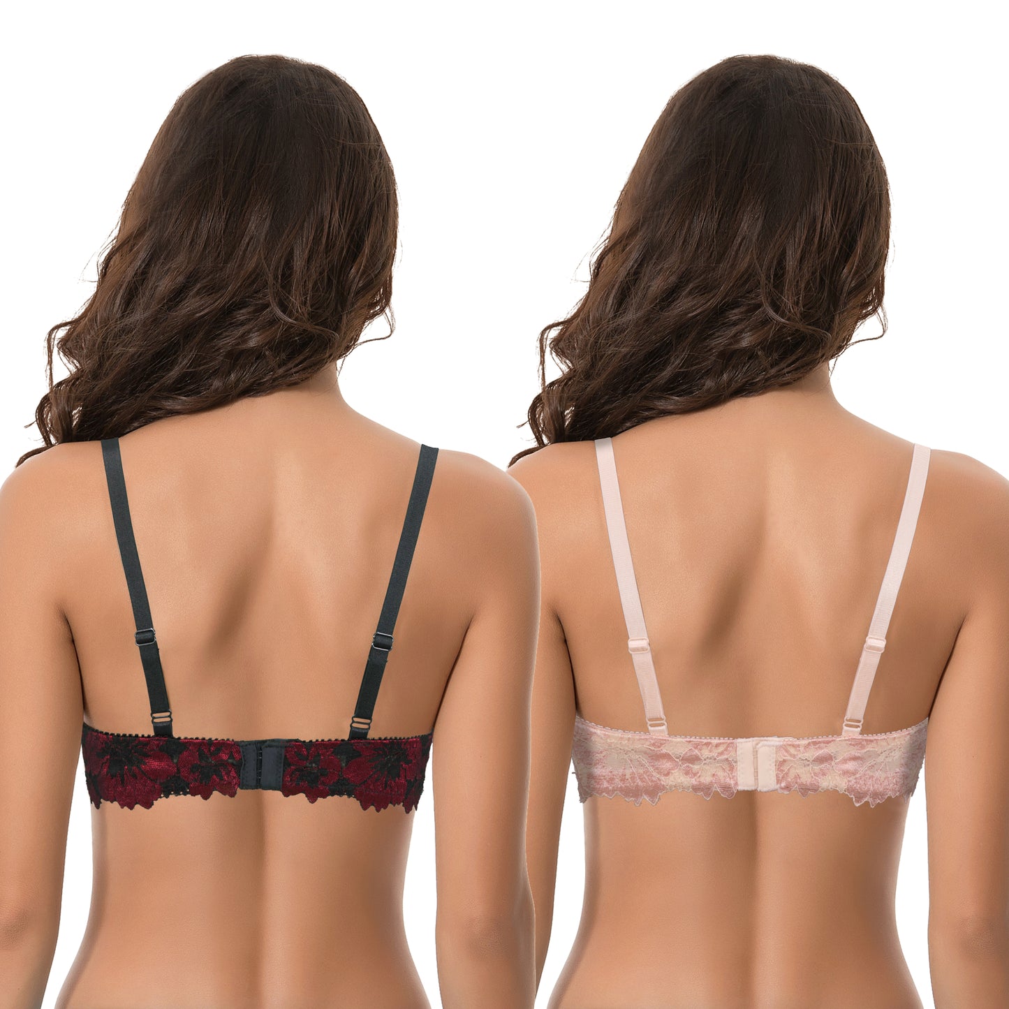 Women's Plus Size Push Up Add 1 Cup Underwire Perfect Shape Lace Bras-2Pk-Black/Red,Powder Silver