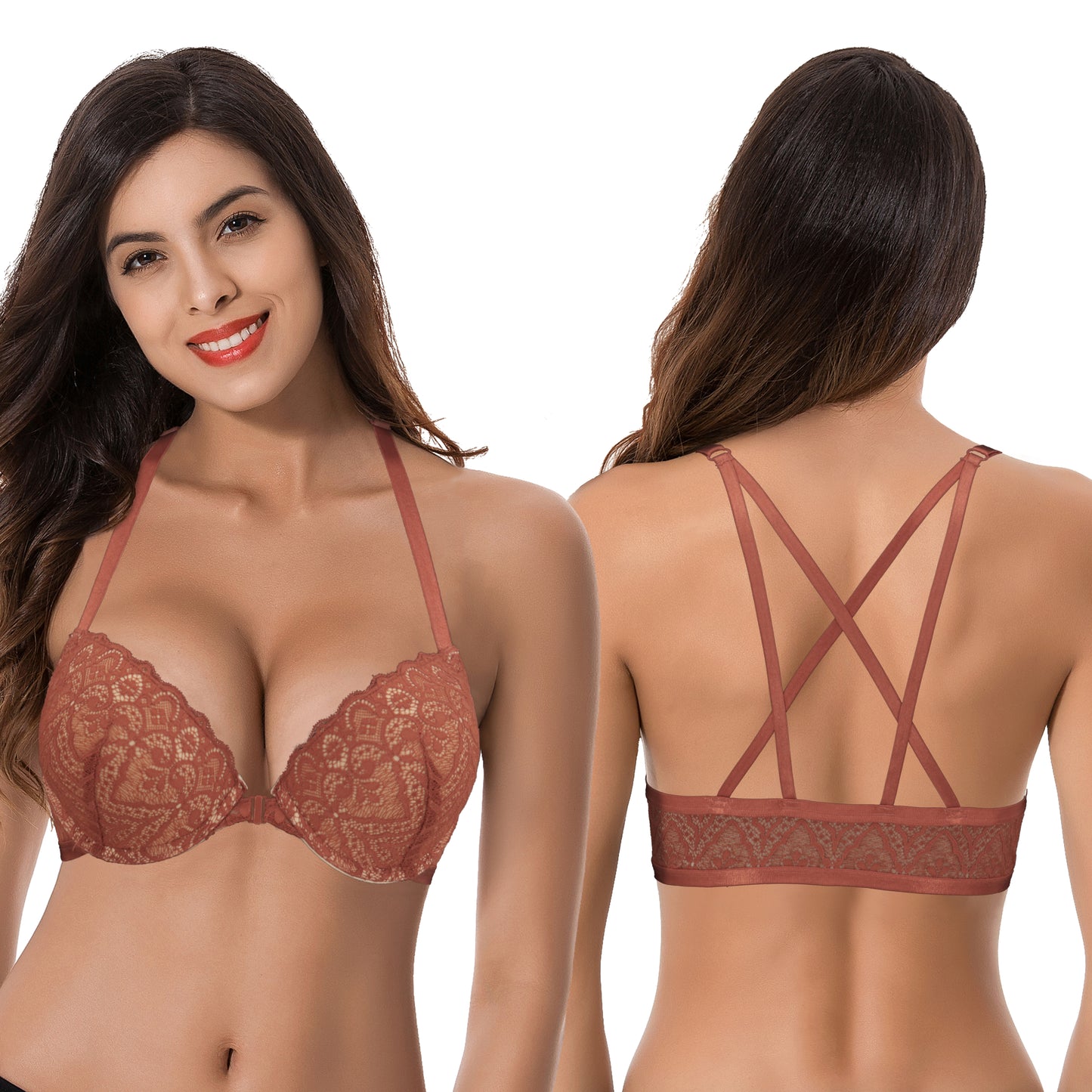 Women's Push Up Add 1 and a half Cup Underwire Halter Front Close Bras-2PK