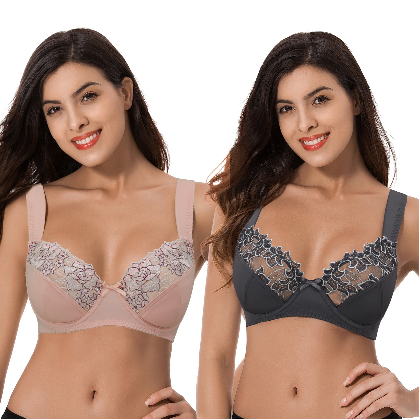 Womens Plus Size Minimizer Underwire Bra With Lace Embroidery-2 Pack-Pink,Dark Grey
