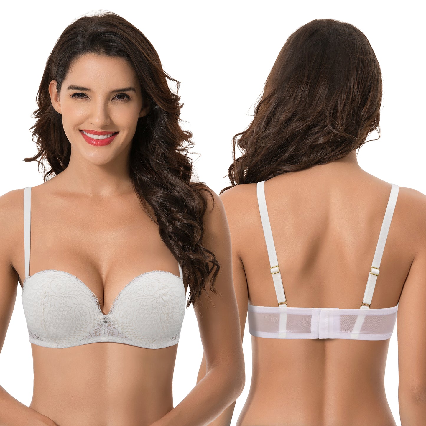 Women's Plus Size Add 1+ Cup Push Up Perfect Shape Underwire Lace Bra-2PK-Deep Green,Cream