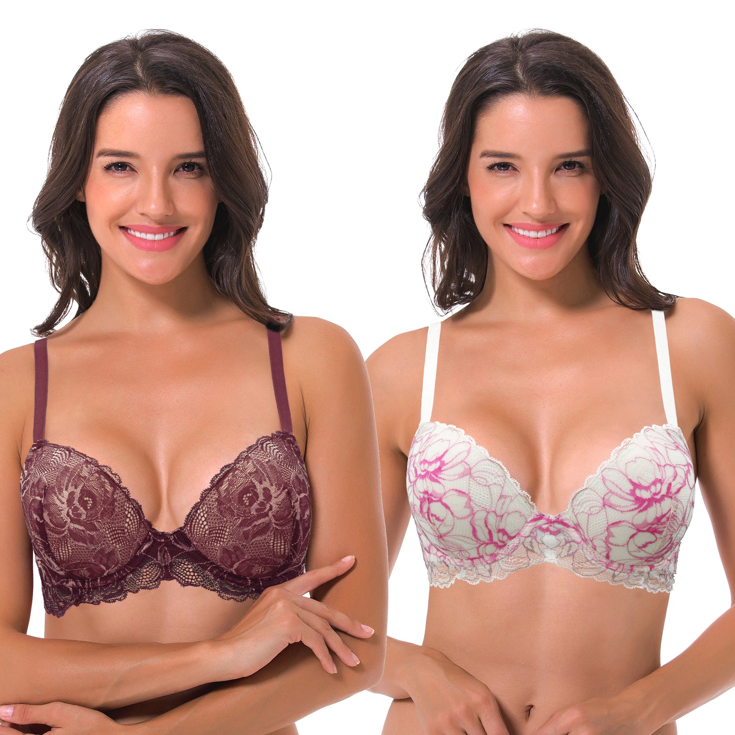 Women's Underwire Plus Size Push Up Add 1 and a Half Cup Lace Bras-2PK