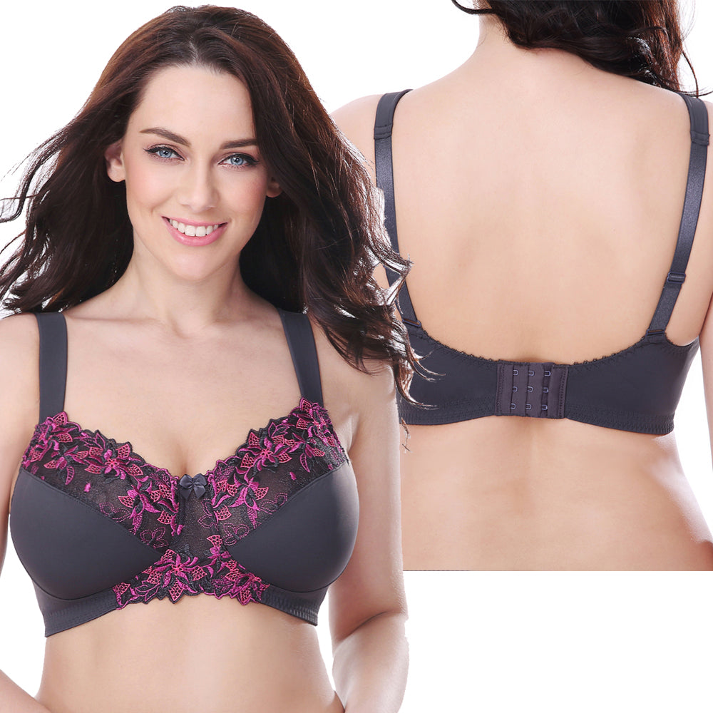 Plus Size Minimizer Unlined Wirefree Bra with Lace Embroidery-3Pack
