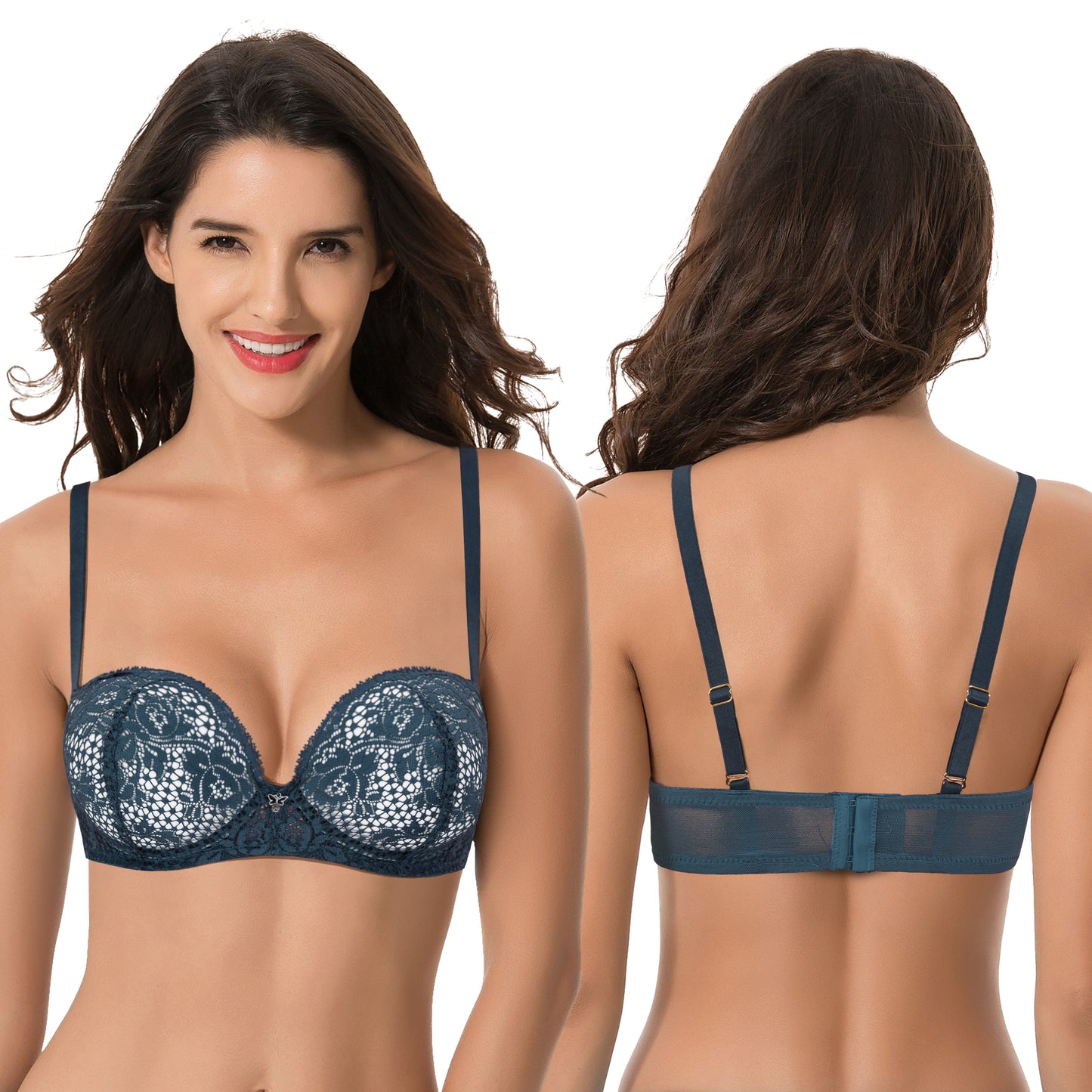 Women's Plus Size Add 1+ Cup Push Up Perfect Shape Underwire Lace Bra-2PK-Deep Green,Cream