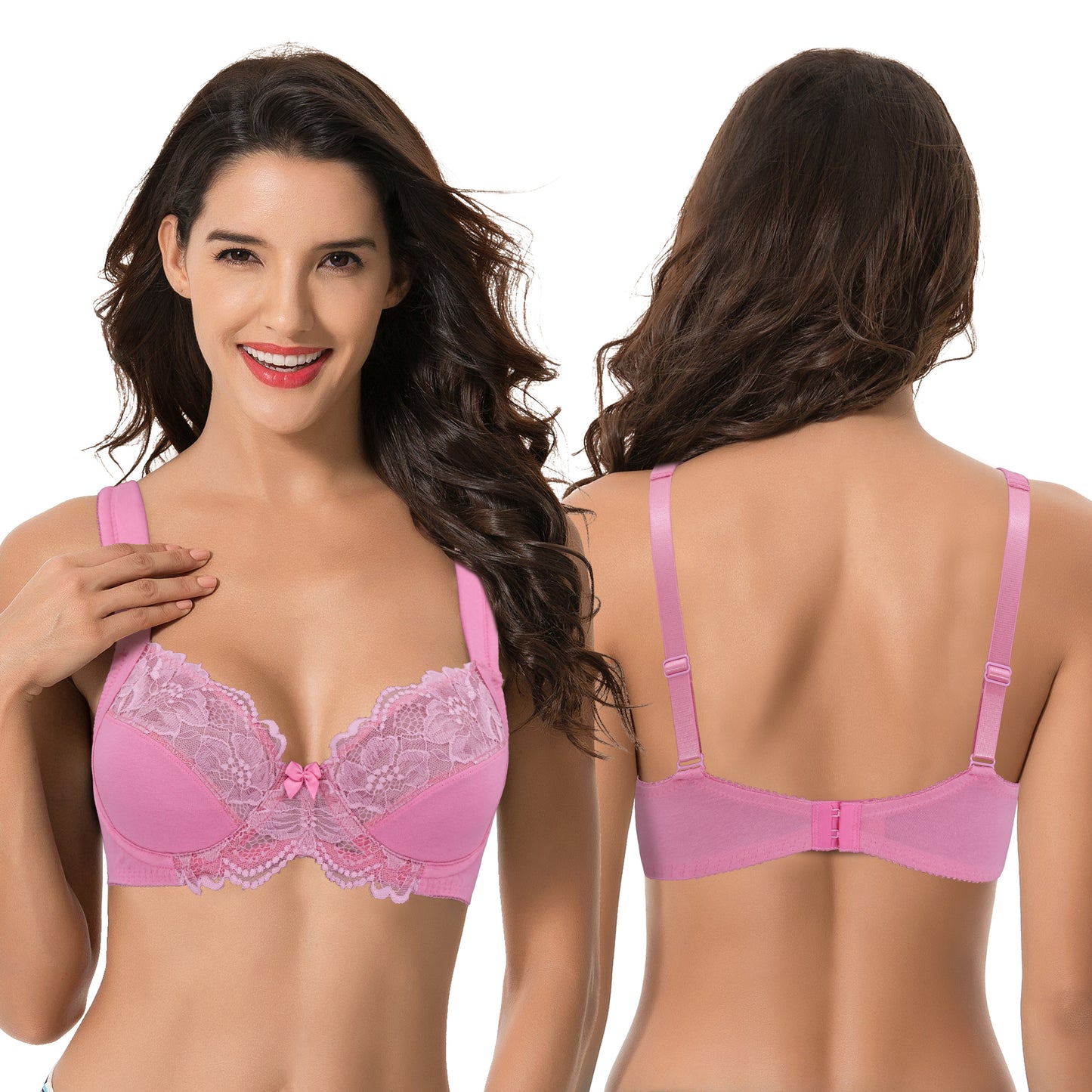 Women's Plus Size Unlined Underwire Lace Bra with Cushion Straps-2PK-Cream/Pink/Gray,Pink