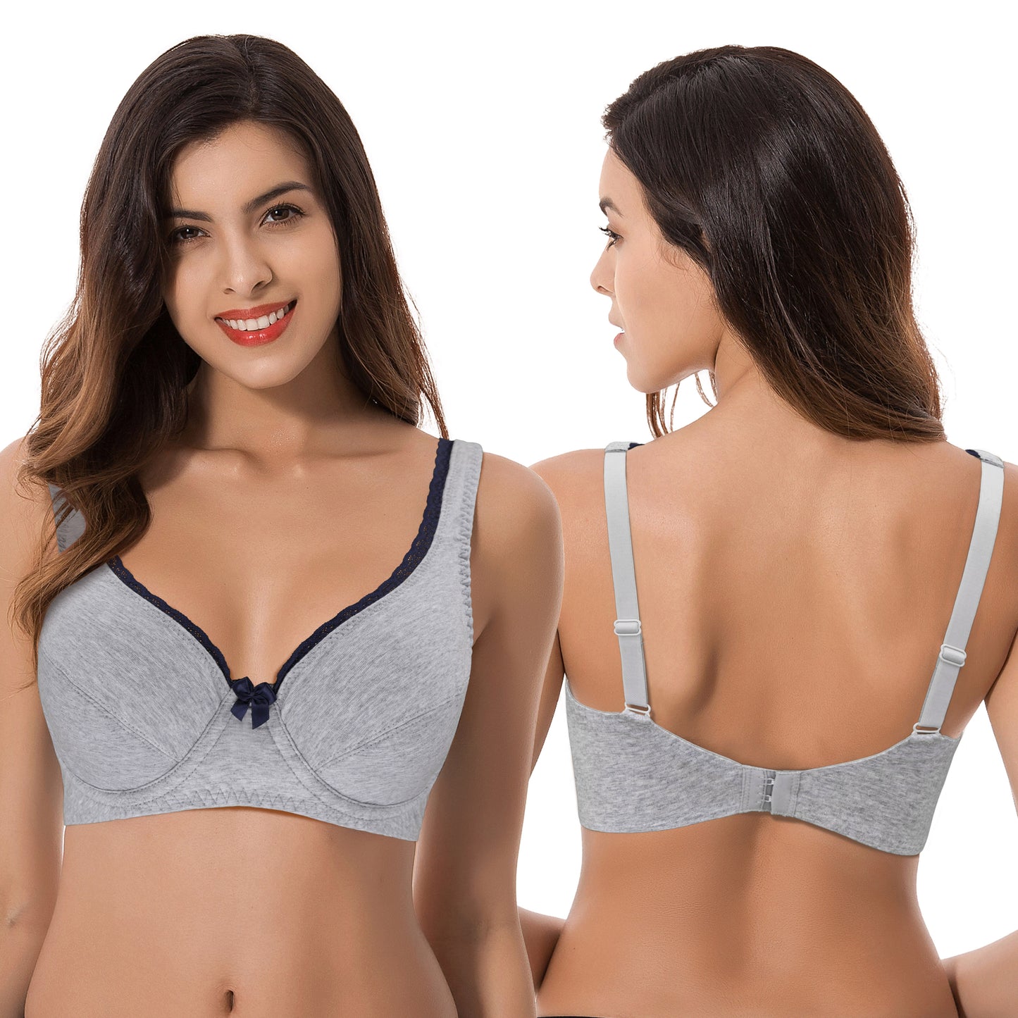 Women's Unlined Plus Size Comfort Cotton Underwire Bra-Navy/White,Grey
