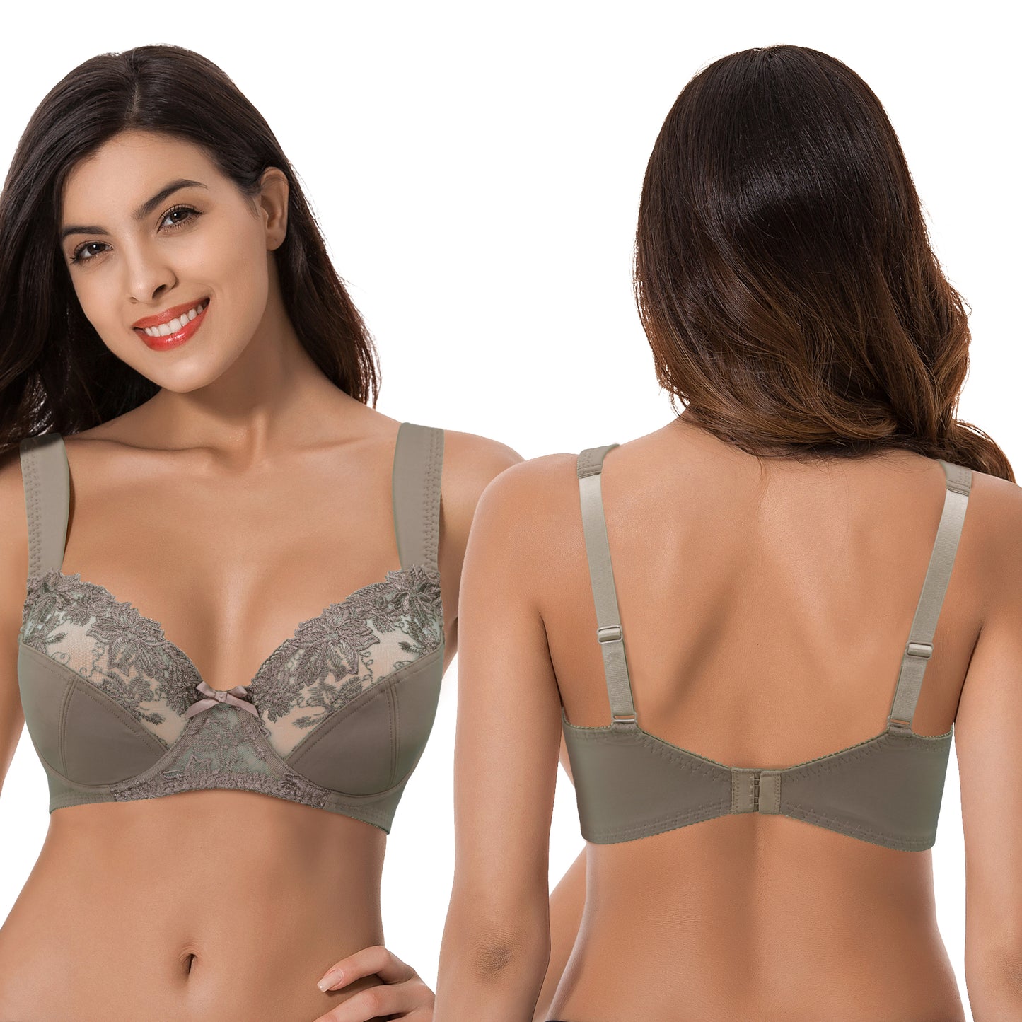 Womens Plus Size Minimizer Underwire Bra With Lace Embroidery-2 Pack-Grey,Cream