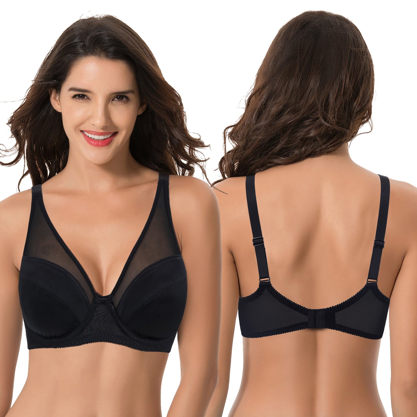 Women's Plus Size Minimizer Unlined Underwire Full Coverage Bra-2 Pack-Cream Printed,Black