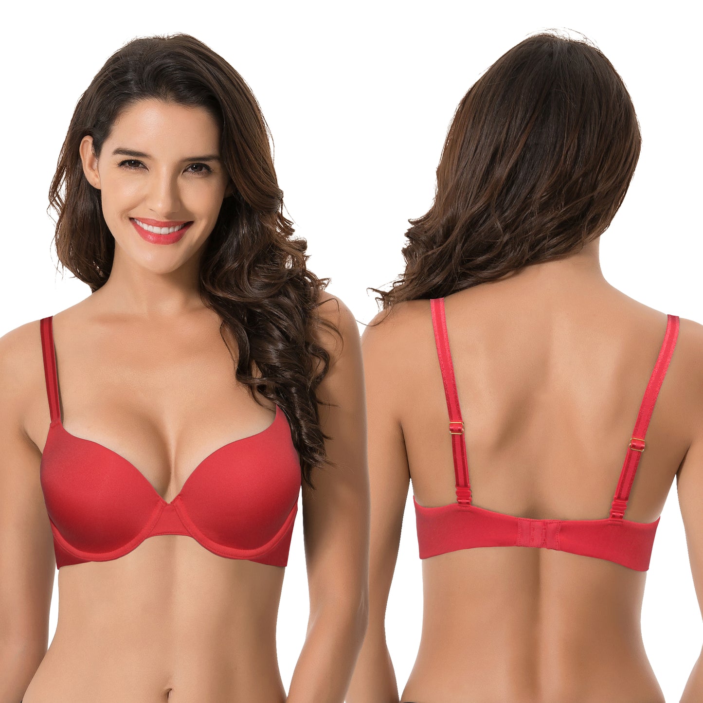 Women's Light Lift Add 1 Cup Push Up Underwire Convertible Tshirt Bra-2PK-RED,GREEN