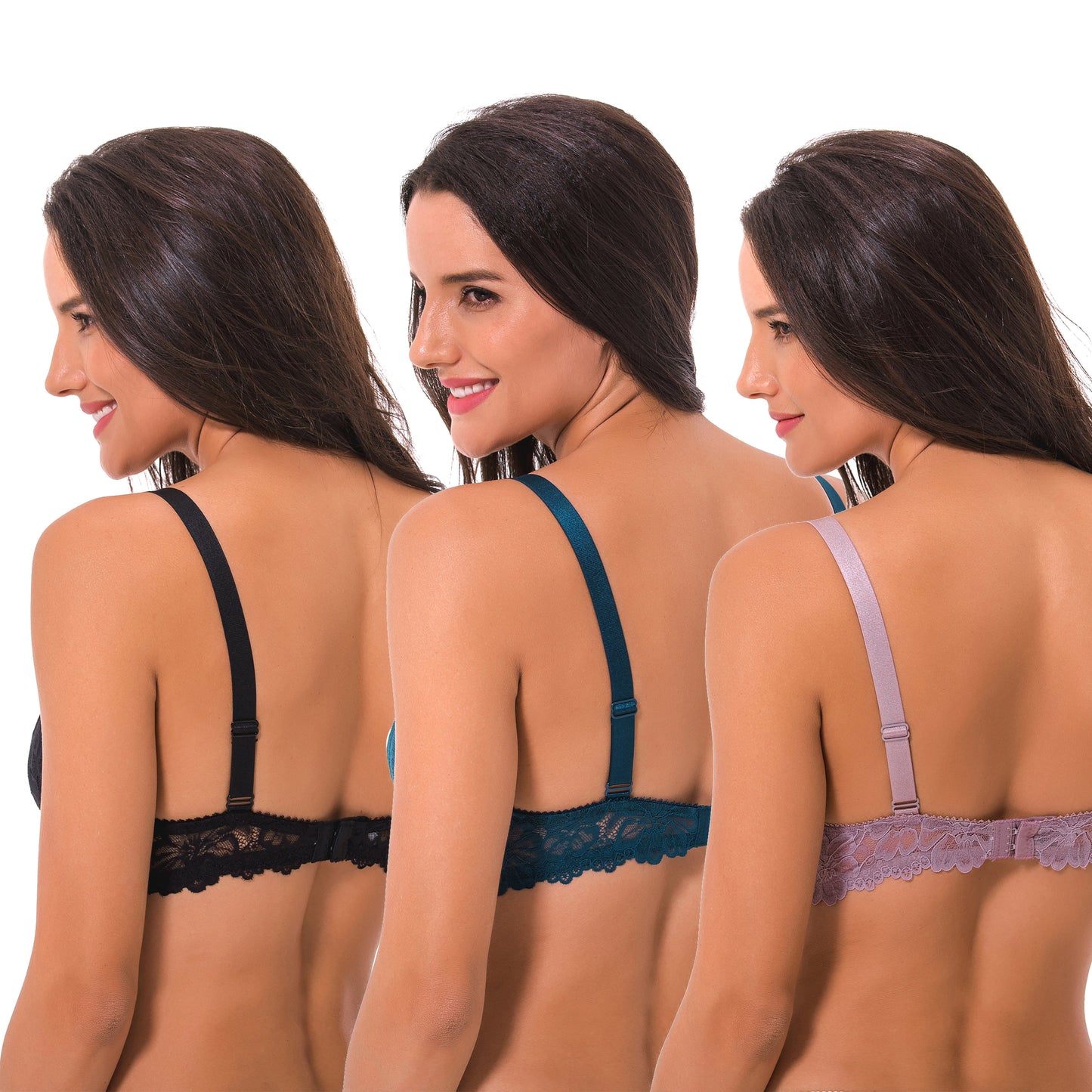 Semi-Sheer Balconette Underwire Lace Bra and Scalloped Hems (3 Pack)-Black,MAUVE,TEAL