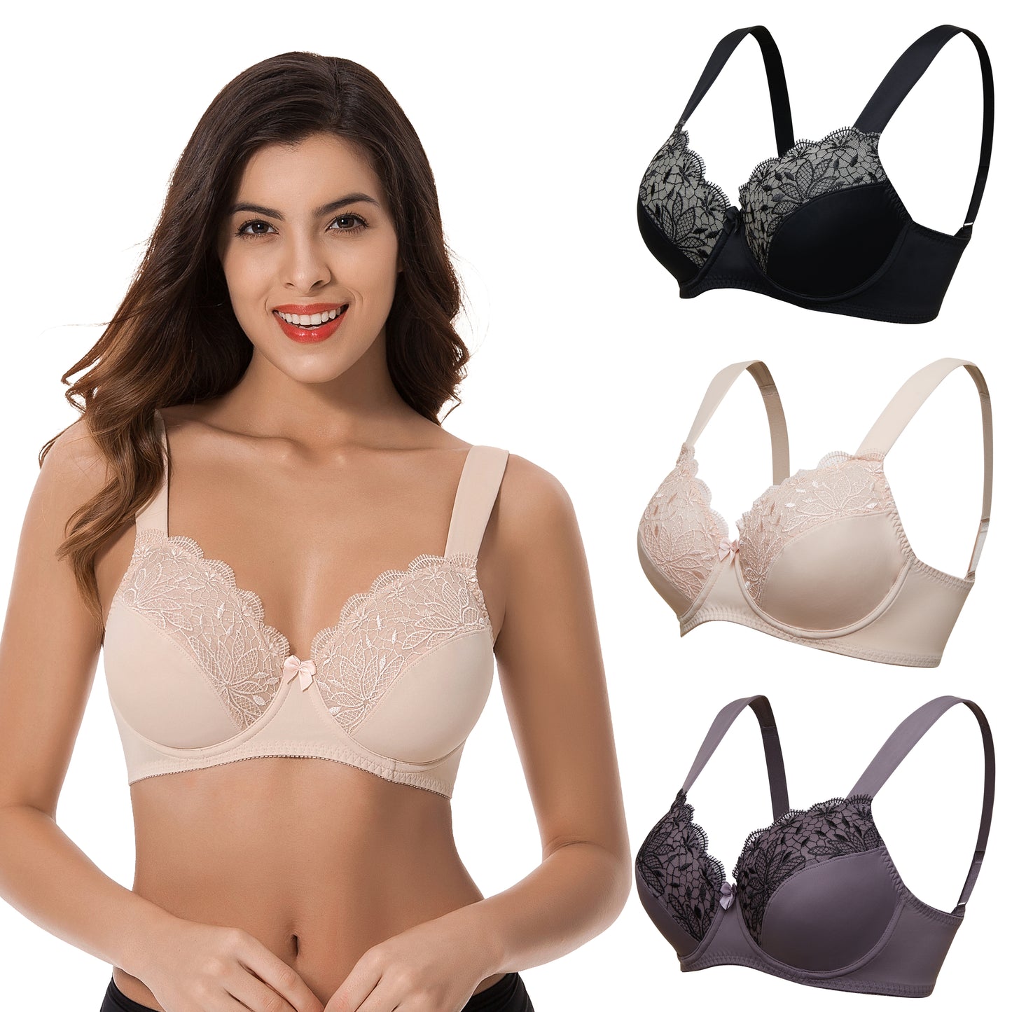 Plus Size Unline Minimizer Underwire Bra with Embroidery Lace-3Pack