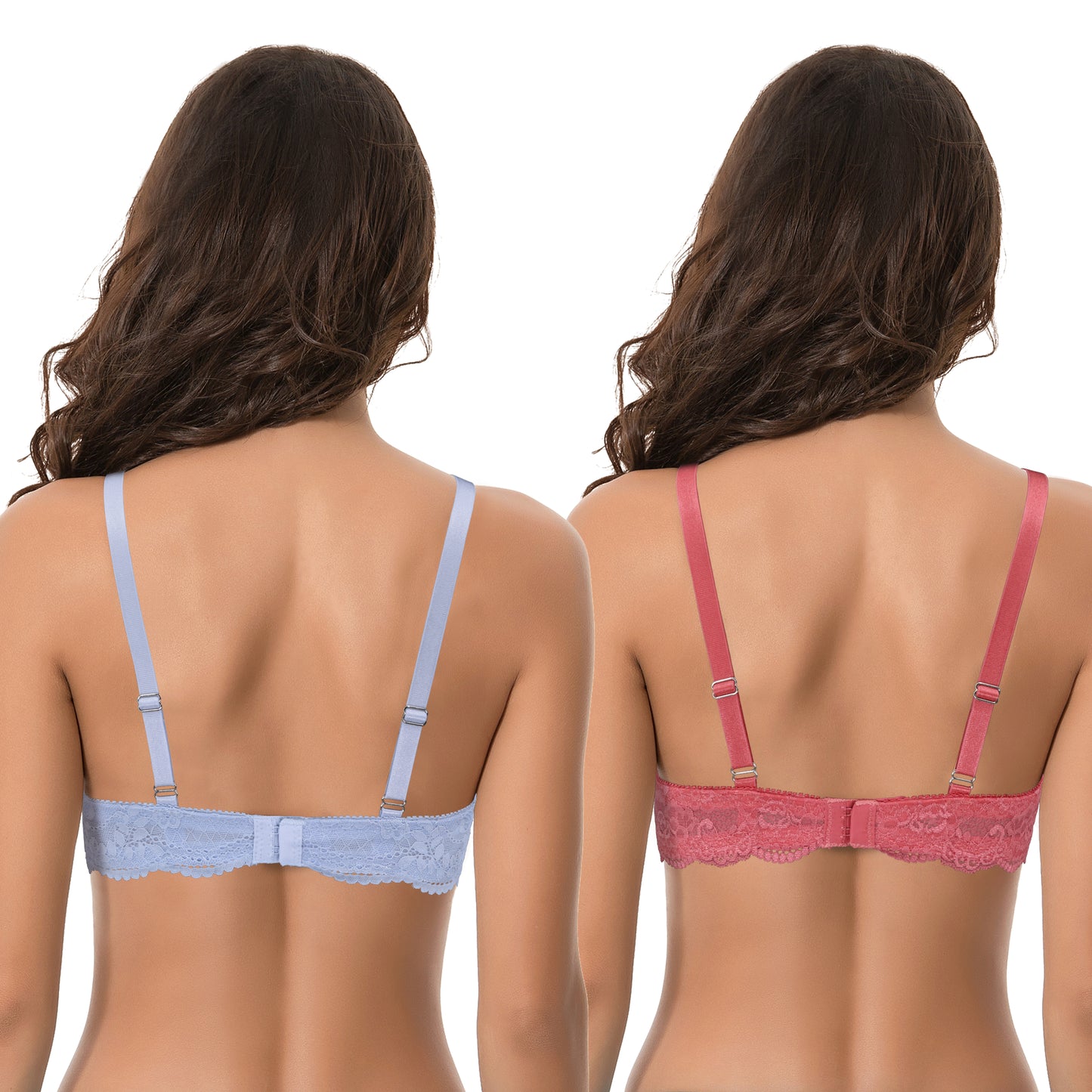 Women's Plus Size Push Up Add 1 Cup Underwire Perfect Shape Lace Bras-2Pk-Lt Blue,Rust