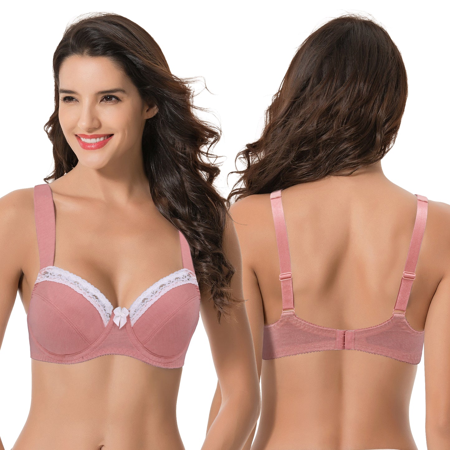 Women's Plus Size Underwired Unlined Balconette Cotton Bra-3Pack-White Print,Pink,Pale Coral