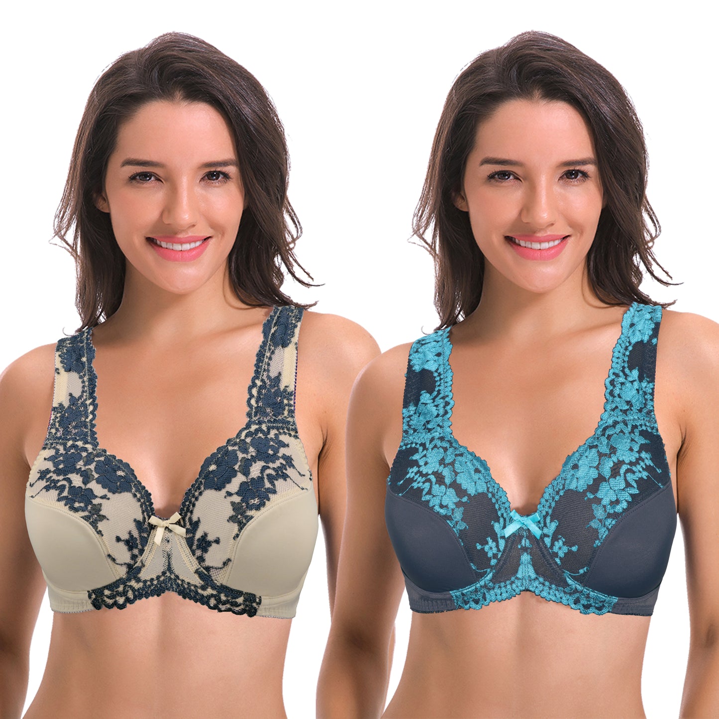 Women's Minimizer Unlined Underwire Bra With Lace Embroidery-2 pack-GRAY,NUDE