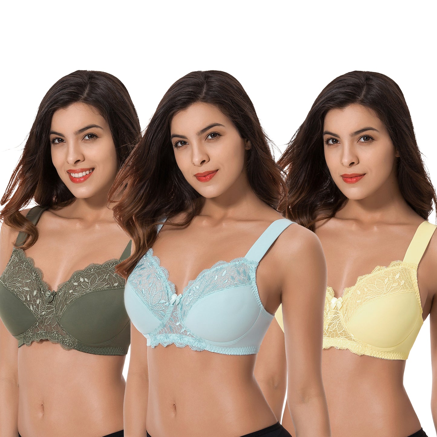 Plus Size Unlined Minimizer Wirefree Bras with Embroidery Lace-3Pack