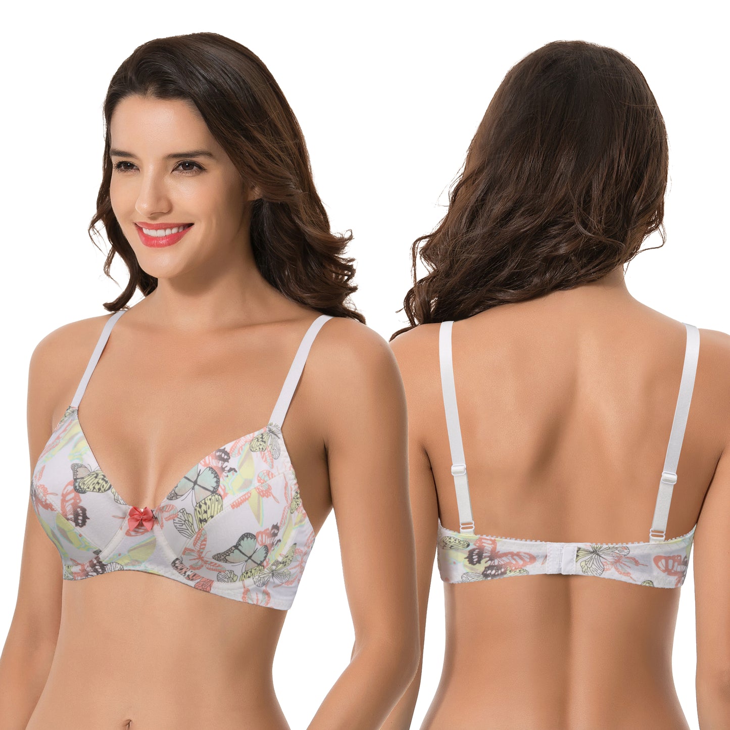 Women's Plus Size Cotton Unlined Balconette Underwire Bras-2 Pack-Cream/Coral/Yellow,Coral