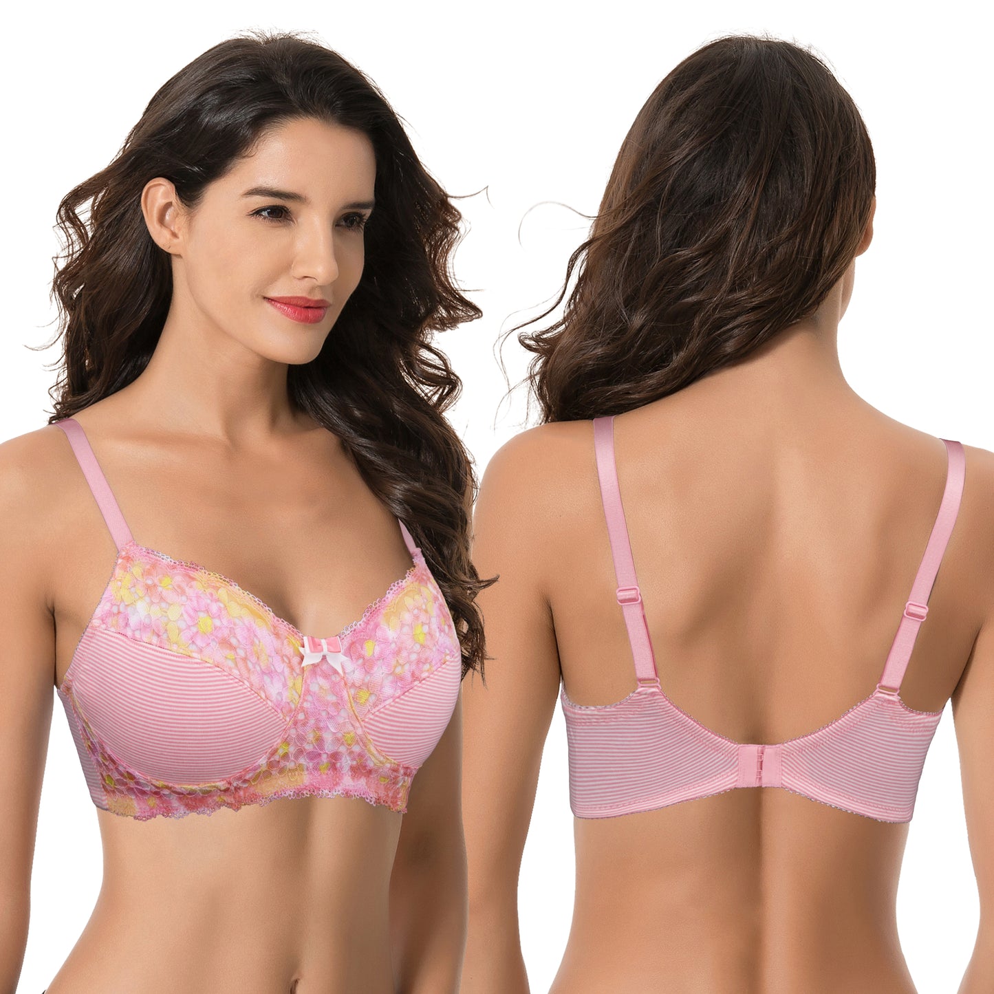 Women's Plus Size Minimizer Wirefree Unlined Bra With Lace Trim-2Pack