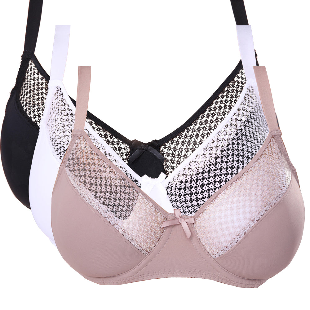 Women's Plus Size Unlined Minimizer Underwire Full Figure Bra-3Pack-Black, White, Pink Beige