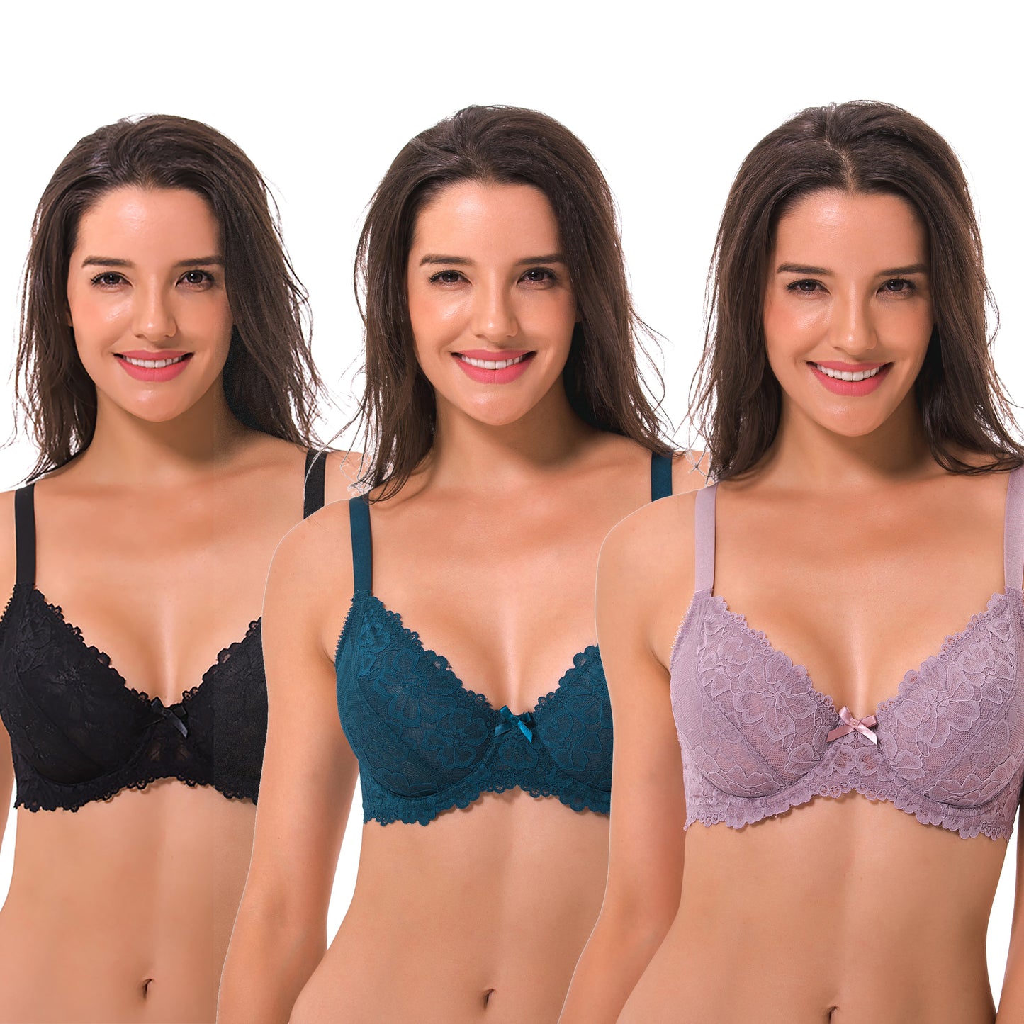 Semi-Sheer Balconette Underwire Lace Bra and Scalloped Hems (3 Pack)-Black,MAUVE,TEAL