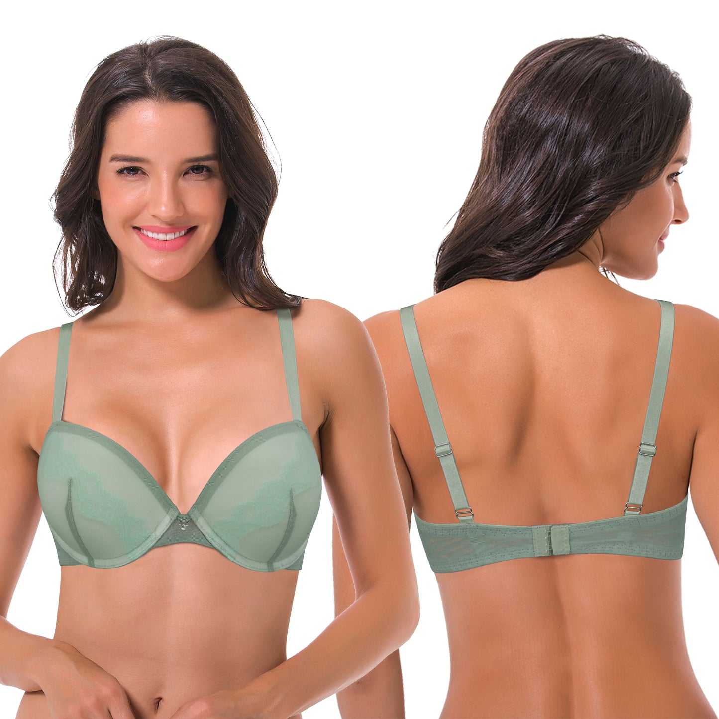 Women Plus Size Underwire Add 1 and a Half Cup Push Up Lace Mesh Bra-2PK-Sage,Black