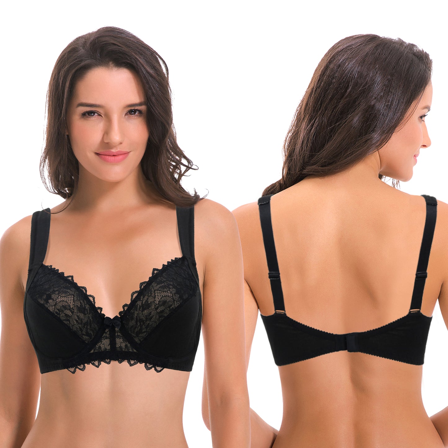 Women's Plus Size Unlined Underwire Lace Bra with Cushion Straps-2PK