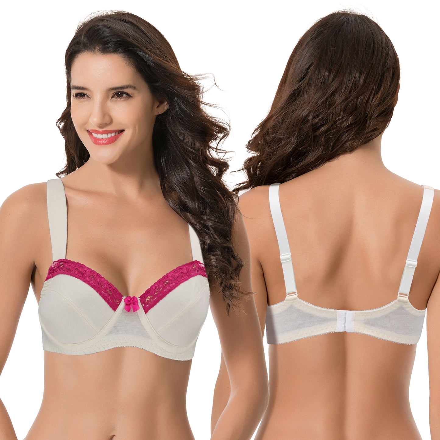 Women's Plus Size Underwired Unlined Balconette Cotton Bra-3Pack-White Print,Dark Gray,Cream