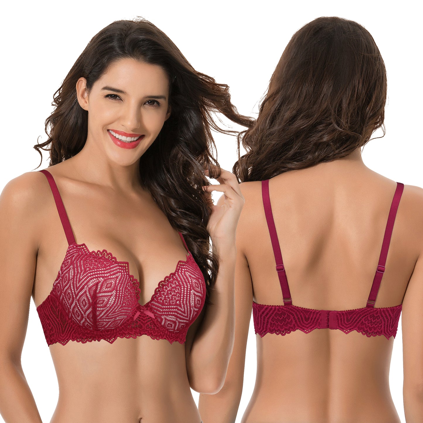 Women's Plus Size Push Up Add 1 Cup Underwire Perfect Shape Lace Bras-2PK-RED,DUSTY BLUE-48C