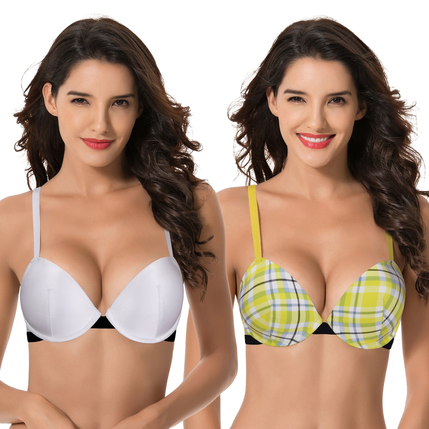 Women's Plus Size Add 1 and a half Cup Push Up Underwire Bras -2PK-White Print,White