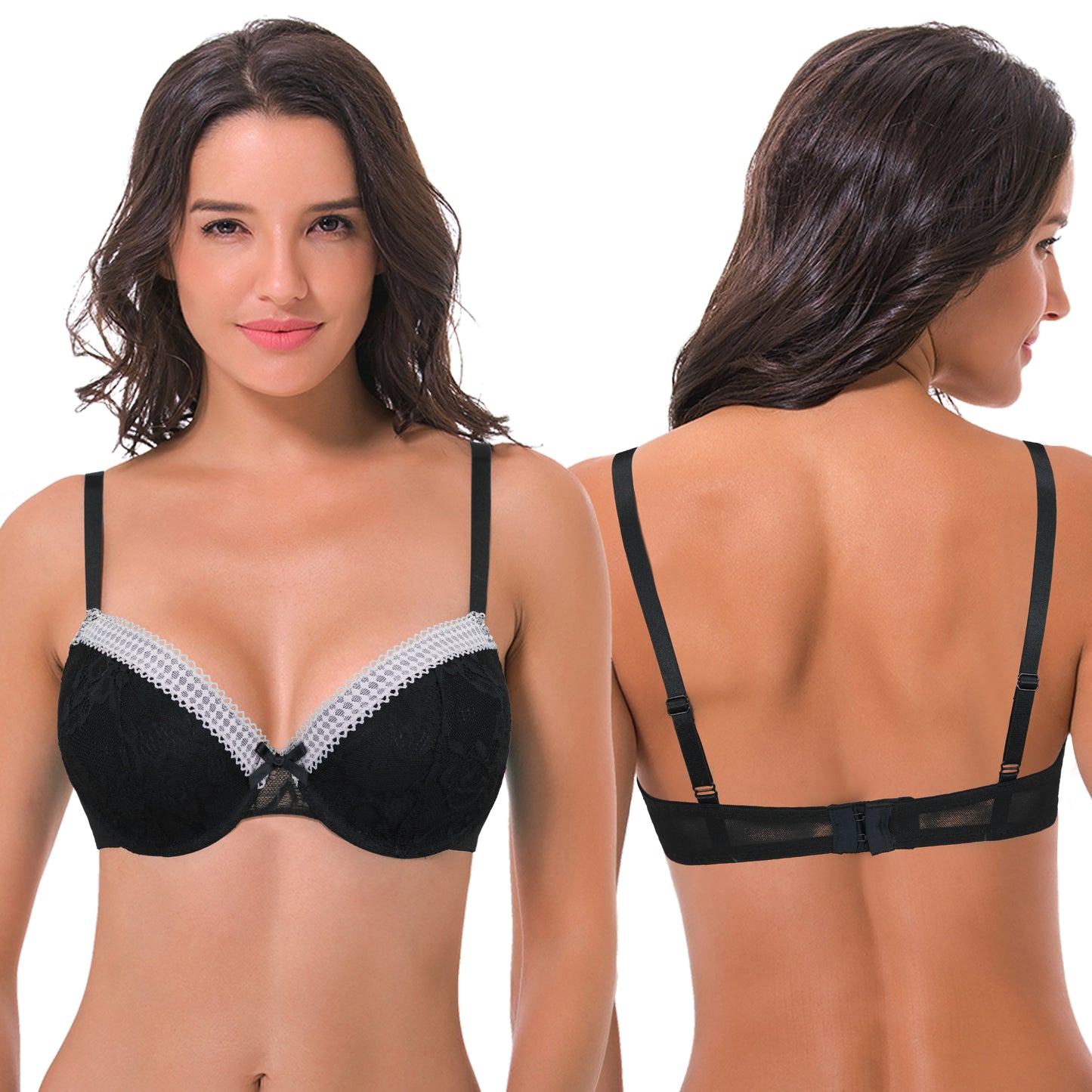 Women's Plus Size Lightly Padded Balconette Lace Underwire Bra-2Pack